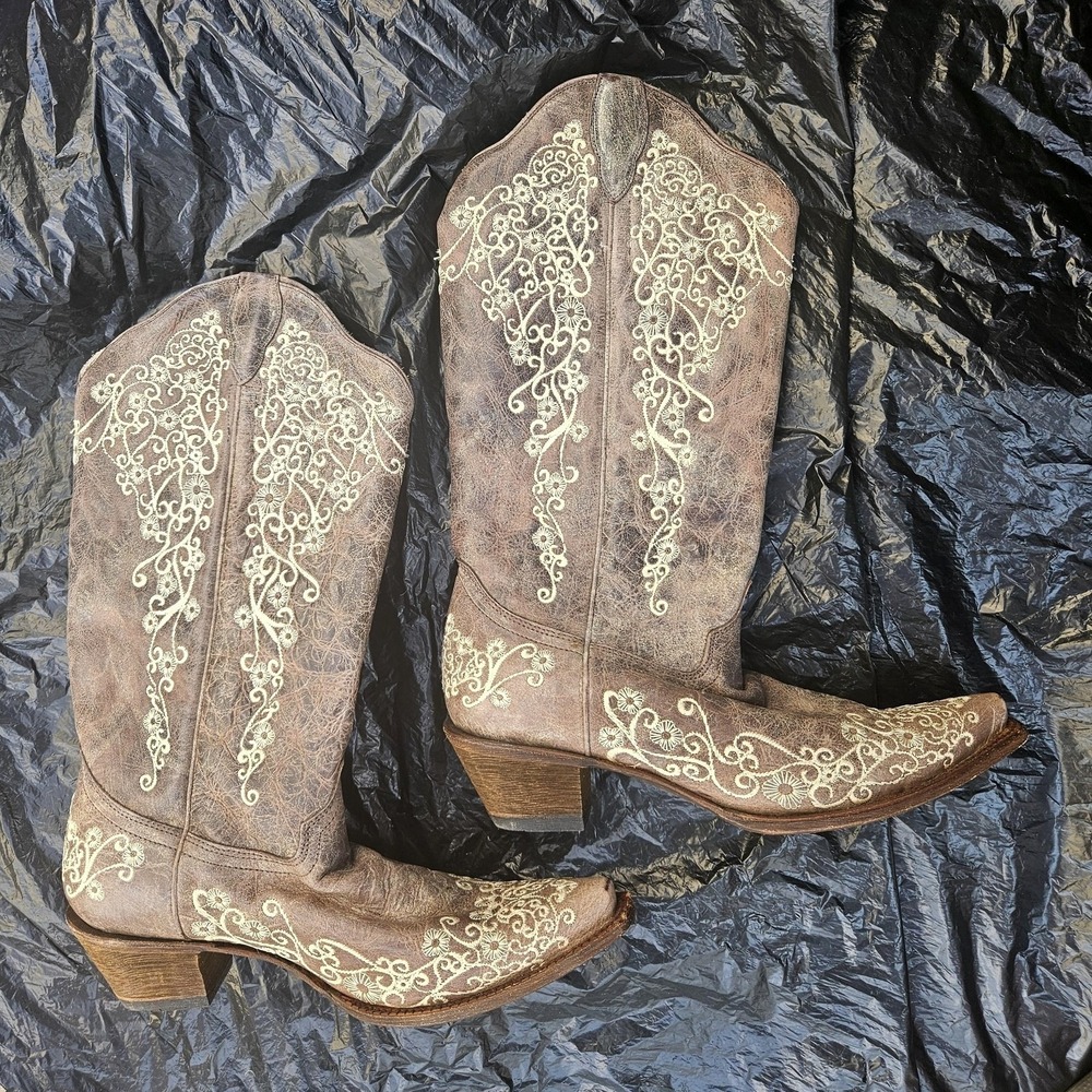Corral Boots Womens 11 Brown Leather Western Square Toe Floral Embroidered 07132